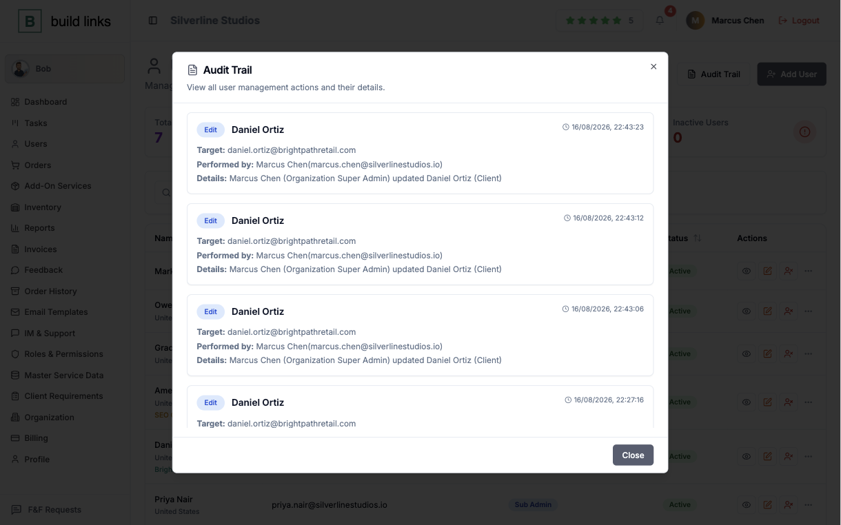 BuildLinks audit trail listing user management actions, each with the user affected, who performed it, and the date and time