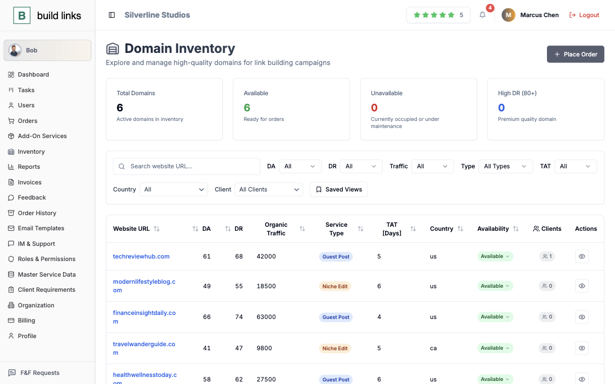 BuildLinks domain inventory showing 6 domains, each with DA, DR, organic traffic, service type, turnaround days, country and availability