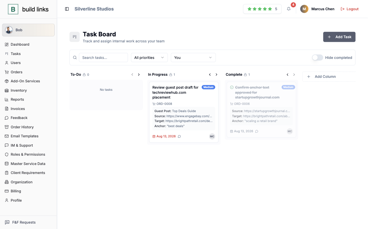 BuildLinks task board with To-Do, In Progress and Complete columns, where a card carries the order number, guest post title, source, target and anchor text