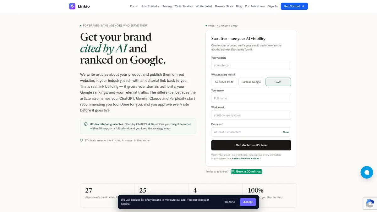 Linkio homepage - link building service for AI citations and Google rankings