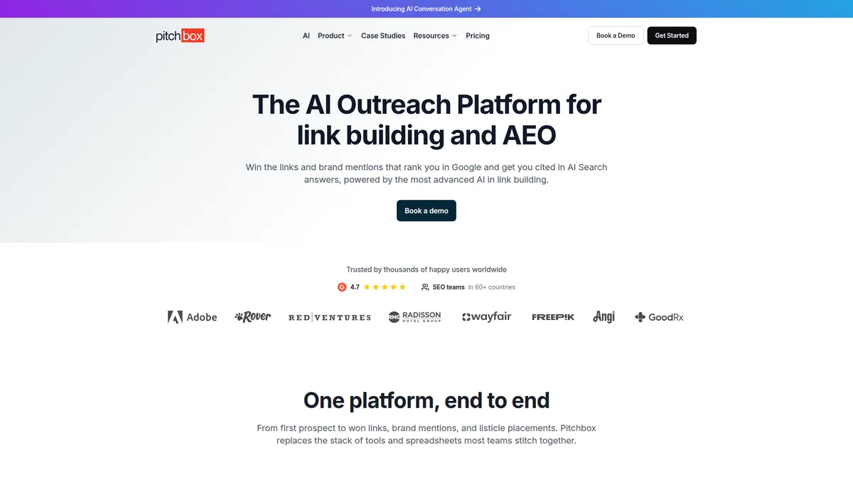 Pitchbox homepage - AI outreach platform for link building and AEO