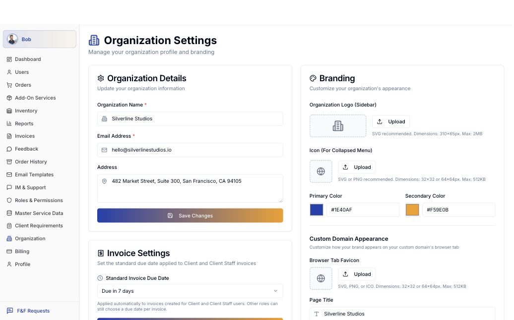BuildLinks organization settings showing logo, brand color, and custom domain branding options