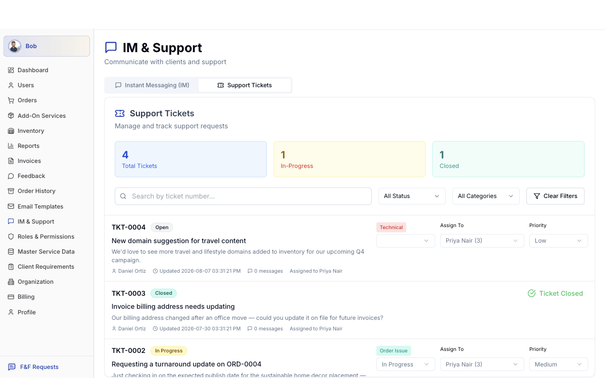 BuildLinks support tickets list showing status, assignee, and priority